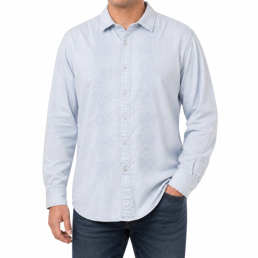 Tommy Bahama Denim Shirt Mens XL Blue Embroidered 100% Cotton Classic Button-Up